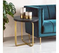 Orsina Round Black And Grey Side Table, Oak Veneer Top With Subtle Veining, Gold Stainless Steel Base, Accent Table