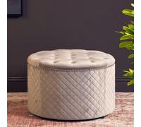 Orsina Round Black Velvet Ottoman, Luxurious Padded Footstool With Button Tufted Seat, Stud Detail Tufted Sides in Grey Orsina Grey