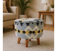 Orsina Round Footstool With Geometric Pattern, Mango Wood Legs Pouffe For Living Room, Multicoloured Fabric Ottoman