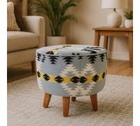Orsina Round Footstool With Geometric Pattern, Mango Wood Legs Pouffe For Living Room, Multicoloured Fabric Ottoman Orsina Multicolor
