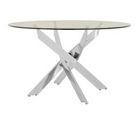Orsina Round Glass Dining Table With Chrome Intersected Legs, Clear Tempered Glass Top Modern Dining Table in Silver Orsina Silver