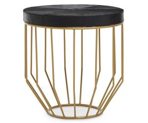 Orsina Round Side Table, Black Hair On Hide Leather Top, Gold Iron Geometric Frame, Modern Luxe Accent Table