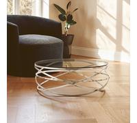 Orsina Round Silver Swirl Coffee Table, Interlinked Stainless Steel Base with Glass, Statement Piece for Living Room Orsina Silver