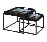 Orsina Set of 2 Assorted Colour Nesting Tables, Abstract Art Tempered Glass Tops with Removable Tray Feature Orsina Multicolor