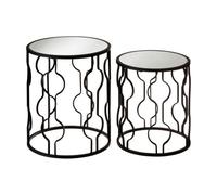 Orsina Set Of 2 Black Side Tables With Undulating Frames,tables With Exotic Circular Design, Mirrored Small Tables