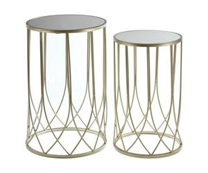 Orsina Set Of 2 Black Top Champagne Tables, Mirrored Glass Nesting Tables With Gold Iron Base, Luxe Moorish Design