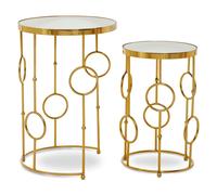 Orsina Set Of 2 Circle Pattern Side Table, Bedside Table With Mirrored Tops, Sleek Metallic Nesting Table in Gold Orsina Gold