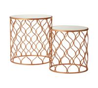 Orsina Set of 2 Copper Accent Tables With Mirrored Tops, Round Tables With Wave Design Metal Frames, Luxe Side Tables in Gold Orsina Gold