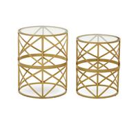 Orsina Set Of 2 Diamond Pattern Side Table, Round Bedside Table With Marble Top, Gold Metallic Nesting Table