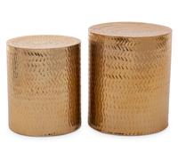 Orsina Set Of 2 Gold Finish Stools, Handcrafted Chevron Pattern Cylindrical Stools, Warm Metallic Finish Iron Stools Orsina Gold
