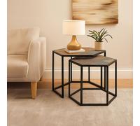 Orsina Set of 2 Hexagon Side Tables, Natural Bamboo Topped Nesting Tables, Sofa Side Tables, Decorative Bedside Tables in Black Orsina Black