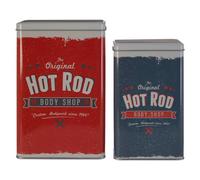 Orsina Set Of 2 Hot Rod Storage Canisters, Retro Metal Tins With Bold Car Print Lids, Durable Storage Solution