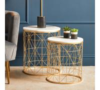 Orsina Set Of 2 Marble Top Round Side Tables, White Marble Side Tables With Gold Iron Geometric Base, Nesting Tables