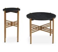 Orsina Set Of 2 Round Black Marble Side Tables, Black Marble Tops On Gold Finish Tripod Iron Frames, Accent Tables