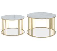Orsina Set of 2 White Marble & Gold Frame Side Tables, Round White Marble Tops on Geometric Gold Iron Base Orsina Gold
