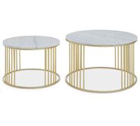 Orsina Set Of 2 White Marble & Gold Frame Side Tables, Round White Marble Tops On Geometric Gold Iron Base