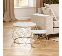 Orsina Set Of 2 White Marble Top Side Tables With Gold Frame, Round Tempered Marble Tops On Gold Iron Bases