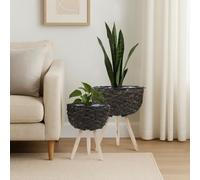 Orsina Set of 2 White Planters, Woven White Pots With Wooden Legs, White Plant Containers With Inner Lining in Black Orsina Black