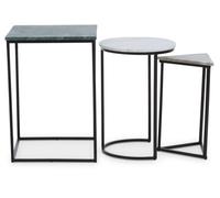 Orsina Set Of 3 Marble Top Side Tables Set, Square, Circle, Triangle End Tables, Black Powder Coated Frame