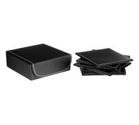 Orsina Set Of 6 Black Faux Leather Square Costers With Holder, Leather Coasters For Glass, Tea Cup, Dining Table
