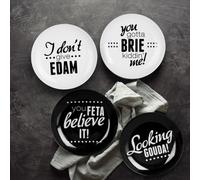 Set Of Four Cheese Plates,Black & White Cheese Board Plates For Kitchen,Serving Plates With Cheese Slogans