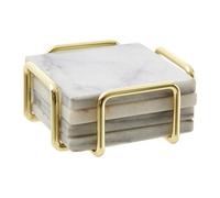 White Marble Coasters, Brass Finish Holder, Set of 4