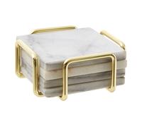 Orsina Set Of Four White Marble Coasters With Brass Finish Holder, Durable Natural Stone Coasters Orsina White