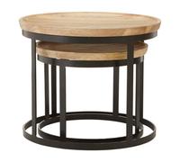 Orsina Set Of Two Mango Wood Nesting Tables, Industrial Round Wooden Tables For Living Room, Space-Saving Tables