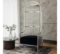Orsina Silver Finish Dome Cage Chair, Statement Stainless Steel Art Deco Accent Chair, Cage Design With Faux Leather