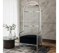 Orsina Silver Finish Dome Cage Chair, Statement Stainless Steel Art Deco Accent Chair, Cage Design with Faux Leather Orsina Silver