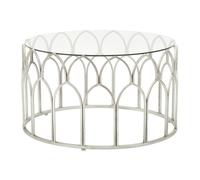 Orsina Silver Leaf Coffee Table, Moorish Style Round Glass Coffee Table, Exotic Minaret Inspired Iron Frame Orsina Silver