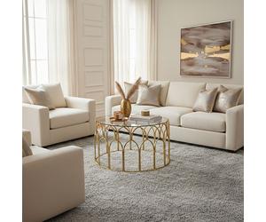 Orsina Silver Leaf Coffee Table, Moorish Style Round Glass Coffee Table, Exotic Minaret Inspired Iron Frame in Gold Orsina Gold