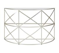 Orsina Silver Leaf Console Table, Geometric Iron Frame in Reflective Silver Finish, Tempered Glass Top Accent Table Orsina Silver