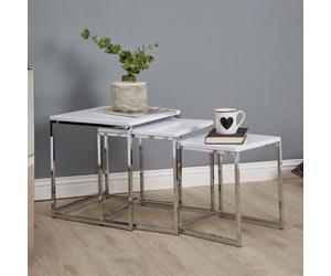 Orsina Sl esign Matte White Nest Of 3 Tables With Chrome Finish, Modern Design Nesting Tables For Livingroom