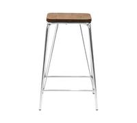 Orsina Sleek Chrome Metal And Elm Wood Stool, Sturdy And Reliable Large Square Stool, Wooden Bar Stool For Home Bar