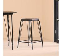 Orsina Sleek Black Metal And Elm Wood Stool, Sturdy And Reliable Large Square Stool, Wooden Bar Stool For Home Bar