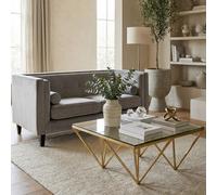 Gold Prismatic Square Coffee Table with Clear Glass Top and Pincer Style Legs, A