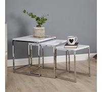 Orsina Sleek Design Matte White Nest Of 3 Tables With Chrome Finish, Modern Design Nesting Tables For Livingroom