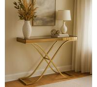 Orsina Spacious Gold Finished Decorative Table For Hallways, Modern Rectangular Console Table With Brown Glass Top Orsina Gold