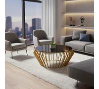 Gold Base Round Coffee Table with Black Glass Top, Ackley