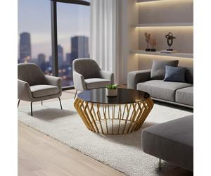Orsina Spacious Gold Round Coffee Table With Black Glass, Modern Gold Finished Table, Luxurious Black Coffee Table