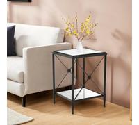 Orsina Square Black Finish Side Table, Two Tier Glass Shelves With Cross Frame Design, Monochrome Accent