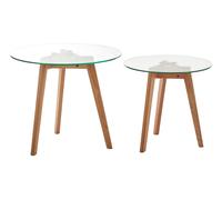Orsina Stable Set Of Two Glass Top Oak Wood Base Side Tables, Stylish Table For Breakfast, Robust Breakfast Table in Natural Orsina Natural