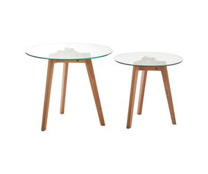 Orsina Stable Set Of Two Glass Top Oak Wood Base Side Tables, Stylish Table For Breakfast, Robust Breakfast Table