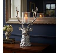 Orsina Stag glass Candle Holder, Hurricane Design Candle Holder with Stag Head Base, Decorative Centrepiece in Silver Orsina Silver