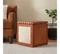 Orsina Storage Stool With Metallic Stud Trim, Teak Wood Seat With Hair-on-Leather Base, Latticed Leather Top Stool in Brown Orsina Brown