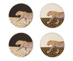 Orsina Stylish Set of 4 Coasters, Black & White Leopard Design Coasters With Gold Detailing, Stoneware Coasters Orsina Multicolor