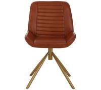 Orsina Tan Genuine Leather Chair, Pleated Channel-Detail Tan Leather Seat & Back, Gold-Finish Angular Iron Legs in Brown Orsina Brown