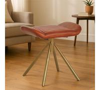 Orsina Tan Leather Footstool, Genuine Buffalo Leather Seat With Channel Detailing, Gold Finish Iron Spoke Base in Brown Orsina Brown