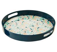 Orsina Terrazzo Round Tray, Stylish Melamine Serving Tray with Cut-Out Handles, Perfect for Indoor & Outdoor Use in Blue Orsina Blue